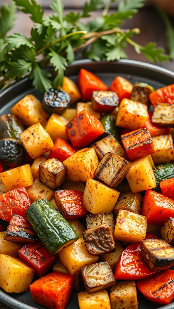 A colorful grilled vegetable platter featuring bell peppers, zucchini, and squash seasoned with Southern spices.