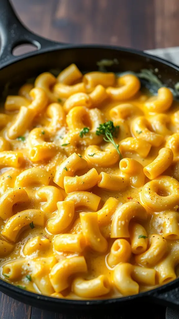 A close-up of creamy macaroni and cheese in a skillet, featuring elbow pasta coated in a rich cheese sauce.