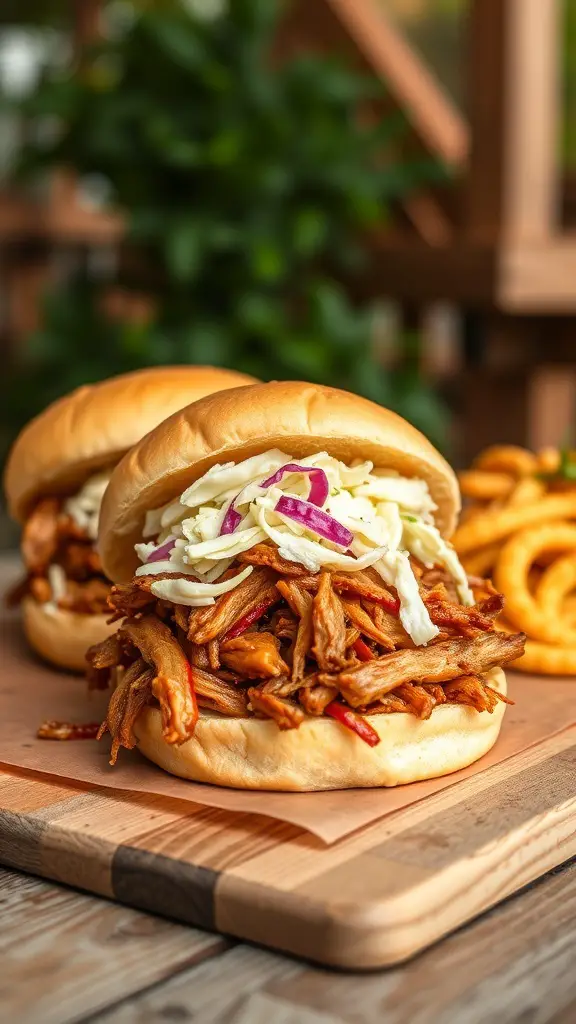 Two spicy pulled pork sandwiches with coleslaw on a wooden board