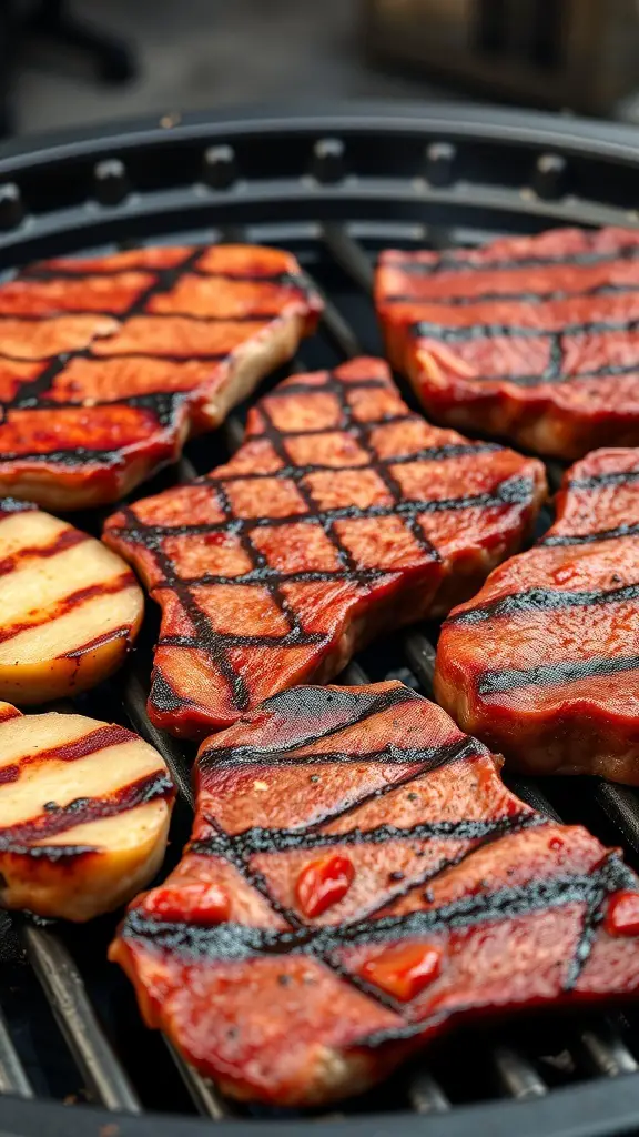 Grilled ribeye steaks on a barbecue grill