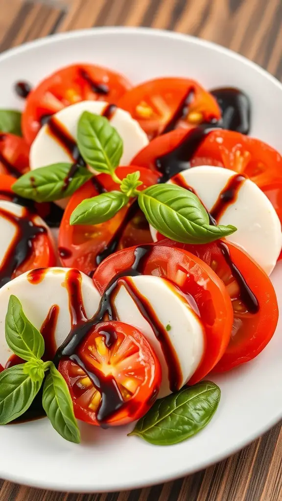 A plate of Caprese salad with sliced tomatoes, mozzarella, basil, and balsamic glaze.