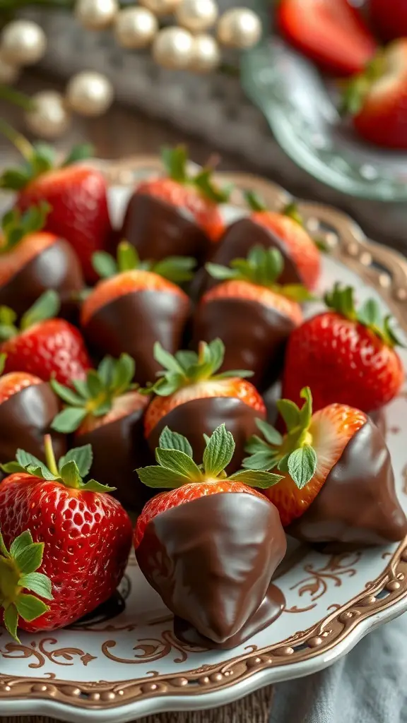 A plate of chocolate-dipped strawberries, beautifully arranged with fresh green leaves.