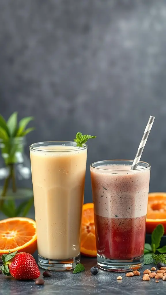 Two refreshing drinks, one creamy and the other layered, surrounded by fresh fruits.