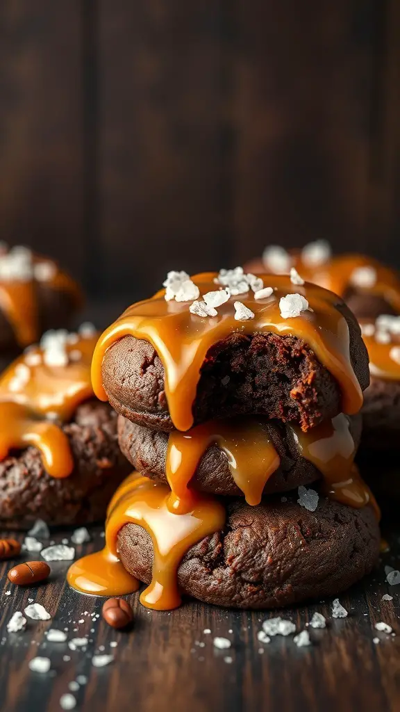 A stack of brownie cookies topped with salted caramel and sea salt.