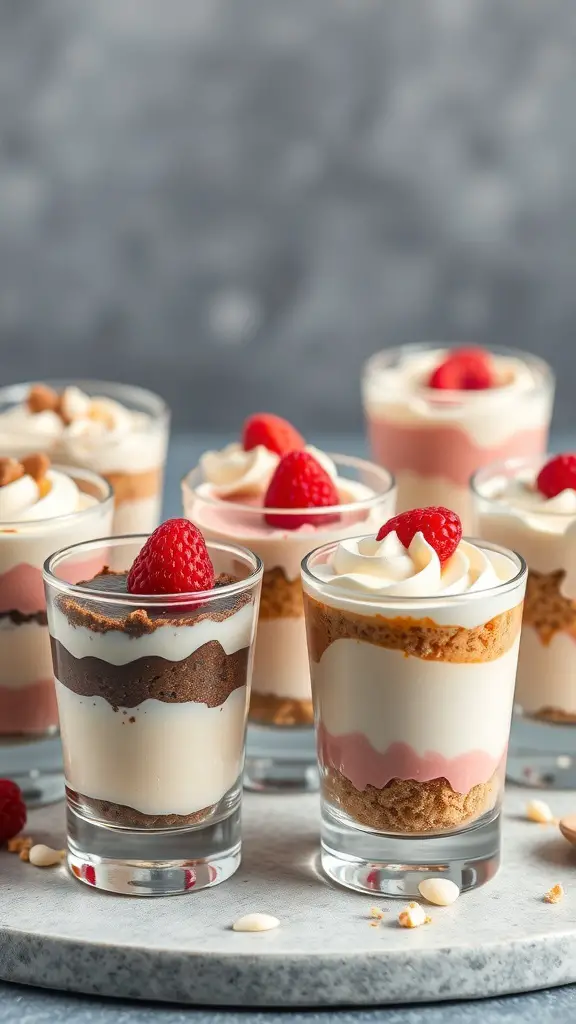 An assortment of mini dessert shooters with layers of cream and topped with raspberries.
