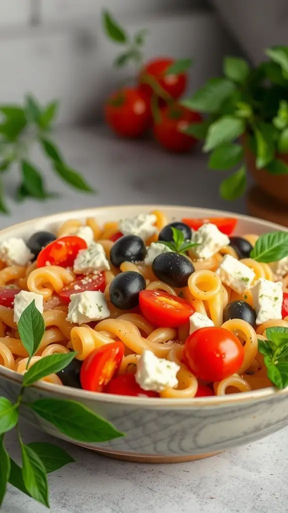 A bowl of Mediterranean pasta salad with cherry tomatoes, black olives, and feta cheese
