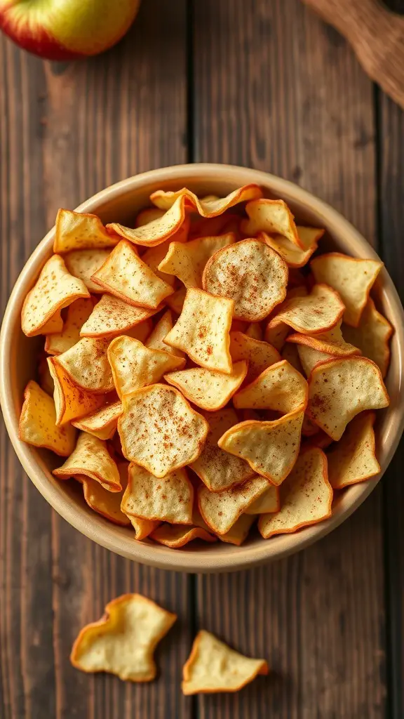 Bowl of cinnamon-spiced apple chips on a wooden table