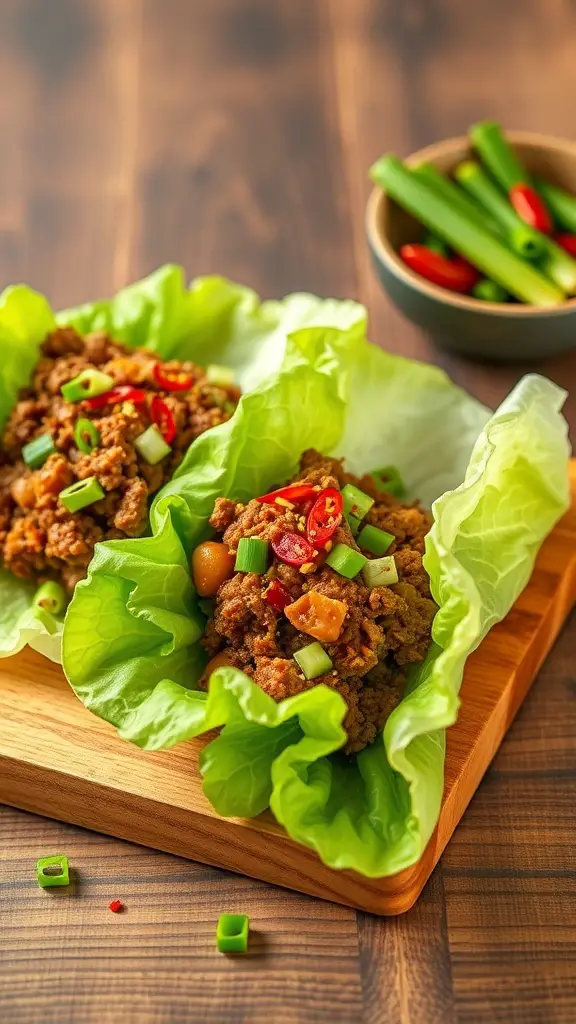 Spicy beef lettuce wraps with ground beef, topped with green onions and chilies, served on a wooden board.