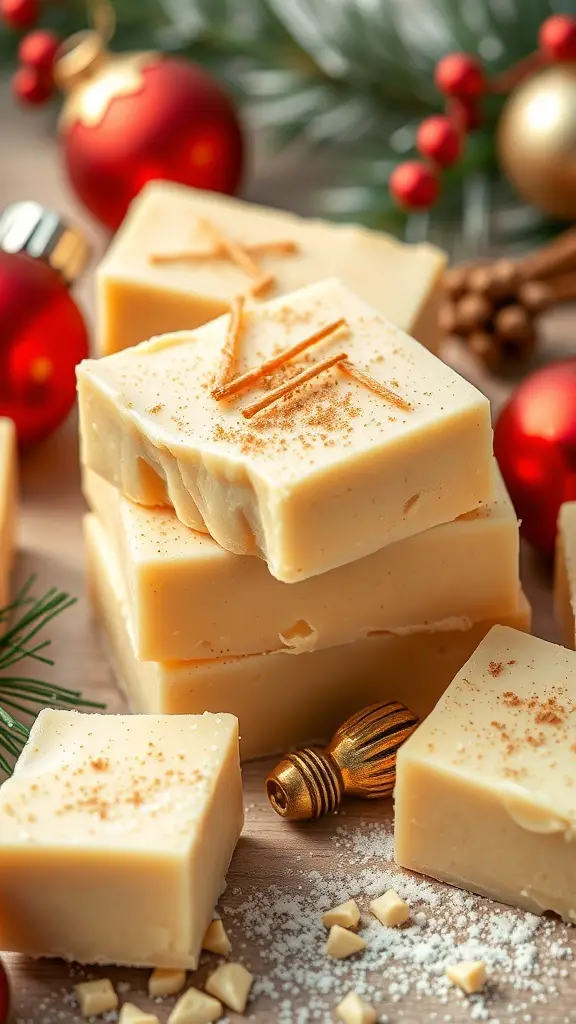 Delicious eggnog fudge squares decorated with nutmeg and cinnamon, surrounded by festive Christmas ornaments.