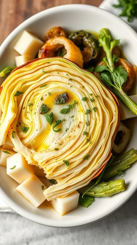 A beautifully arranged dish of herb-infused baked cabbage with olive oil, garnished with fresh herbs.