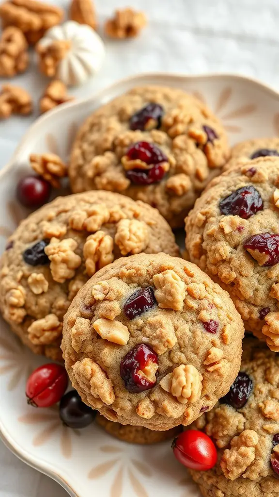 A plate of oatmeal cookies with walnuts and cranberries, showcasing their golden-brown color and chunky texture.