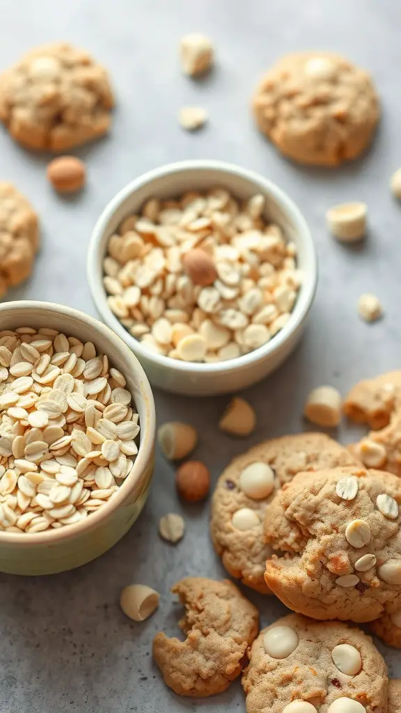 White chocolate macadamia nut cookies with bowls of oats and nuts