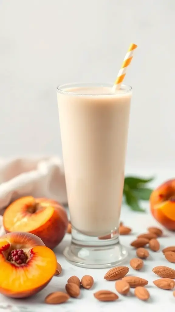 A refreshing peach and almond milk smoothie in a glass with a striped straw, surrounded by fresh peaches and almonds.