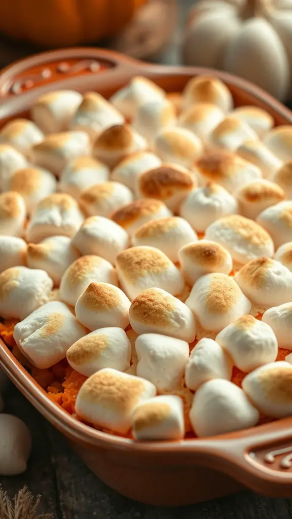 Sweet potato casserole topped with toasted marshmallows in a baking dish