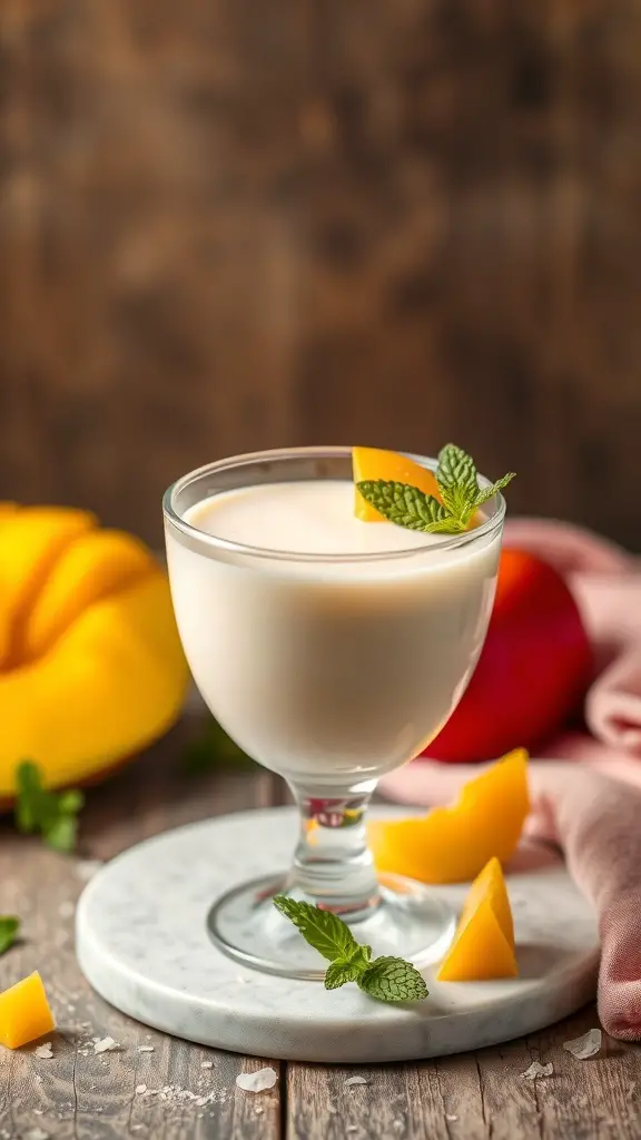 A glass of Mango Coconut Panna Cotta garnished with mango slices and mint leaves.