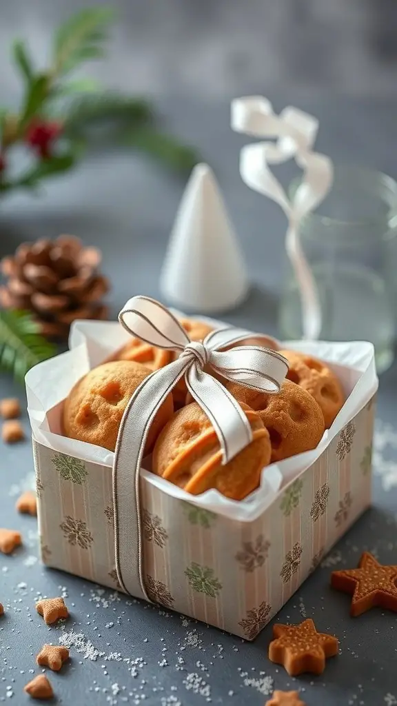 A beautifully wrapped gift box filled with brown butter cookies, decorated with a ribbon and surrounded by festive elements.