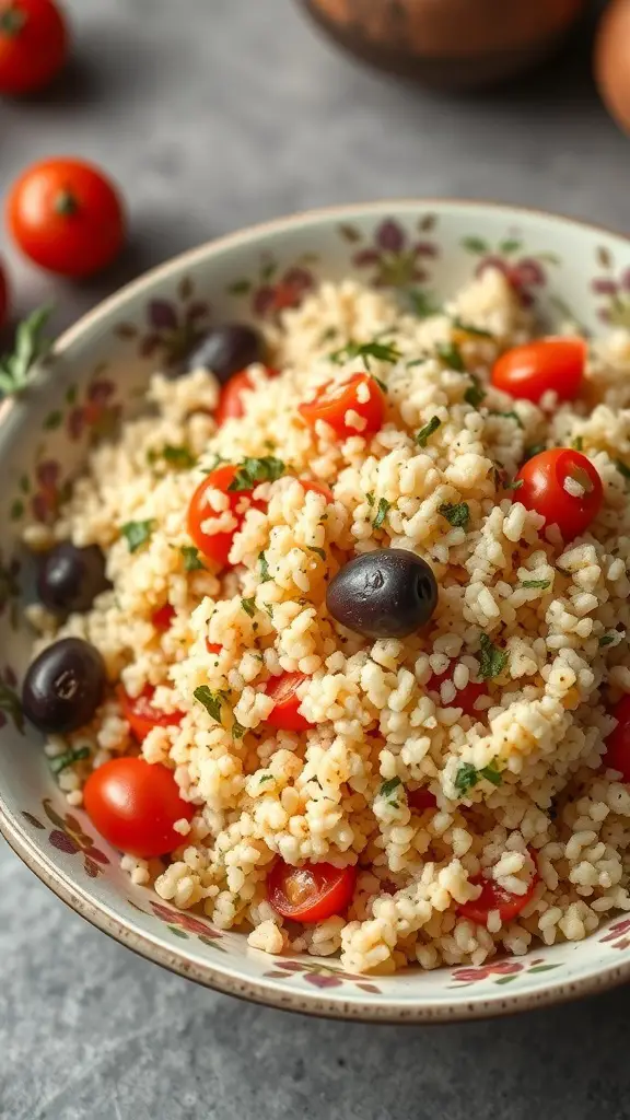 A bowl of Mediterranean couscous with cherry tomatoes and black olives