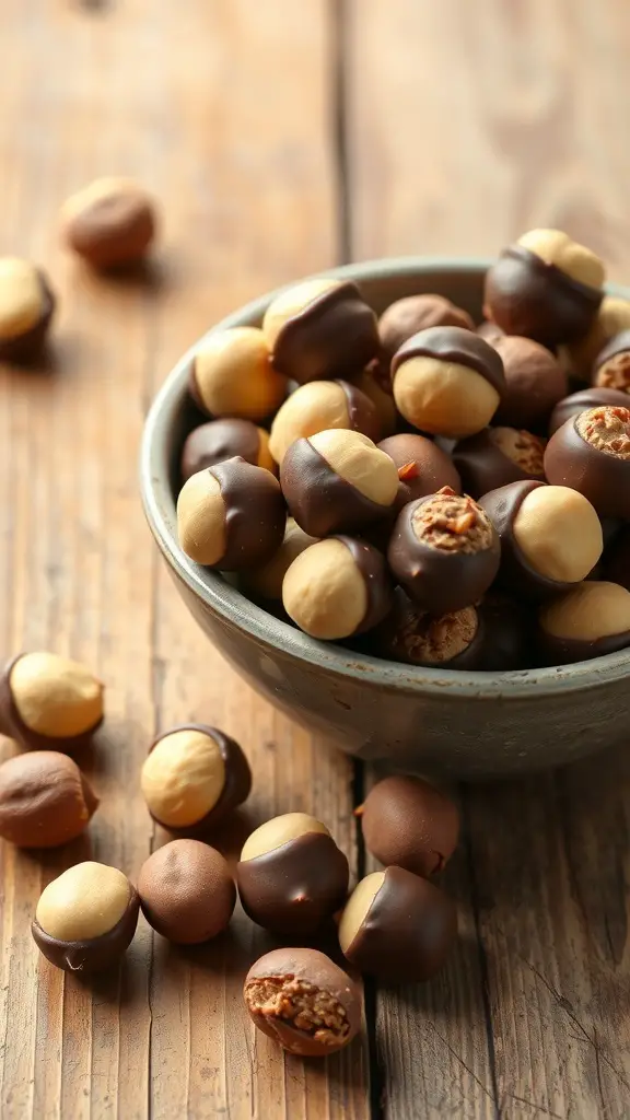 A bowl of chocolate-covered macadamia nuts on a wooden surface.