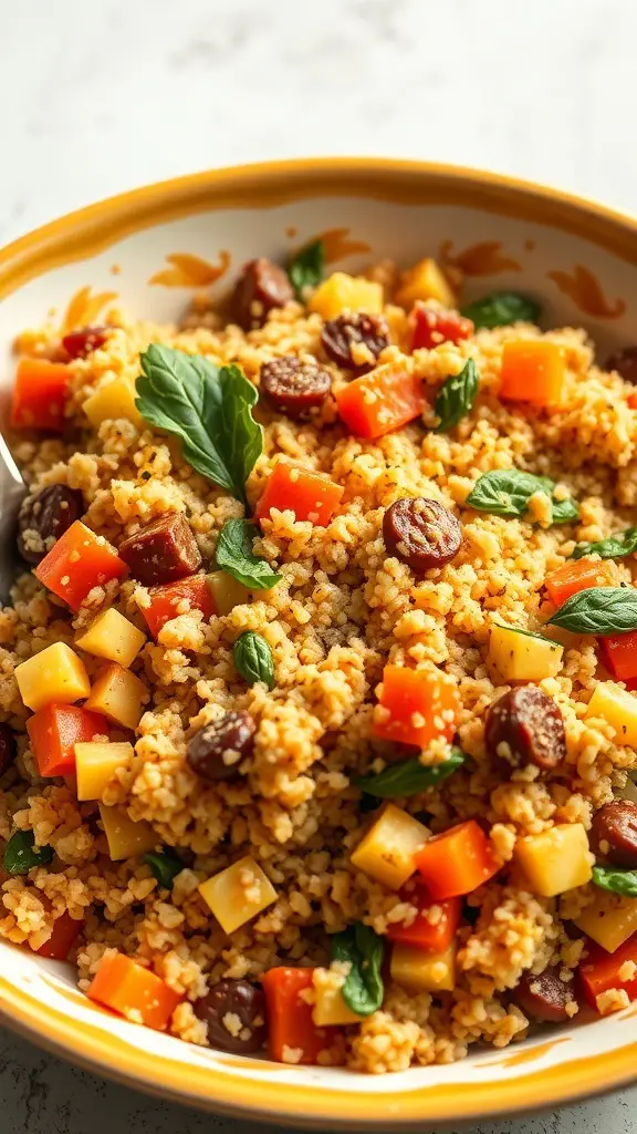 A colorful bowl of quinoa mixed with diced vegetables and herbs