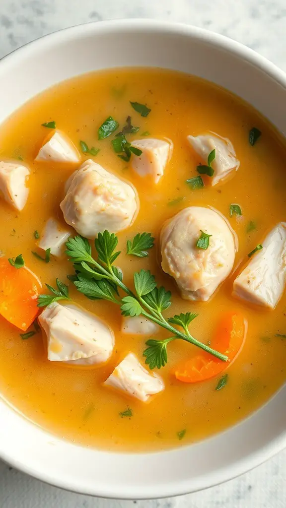 A bowl of creamy chicken soup with herbs, featuring chunks of chicken, carrots, and garnished with fresh parsley.
