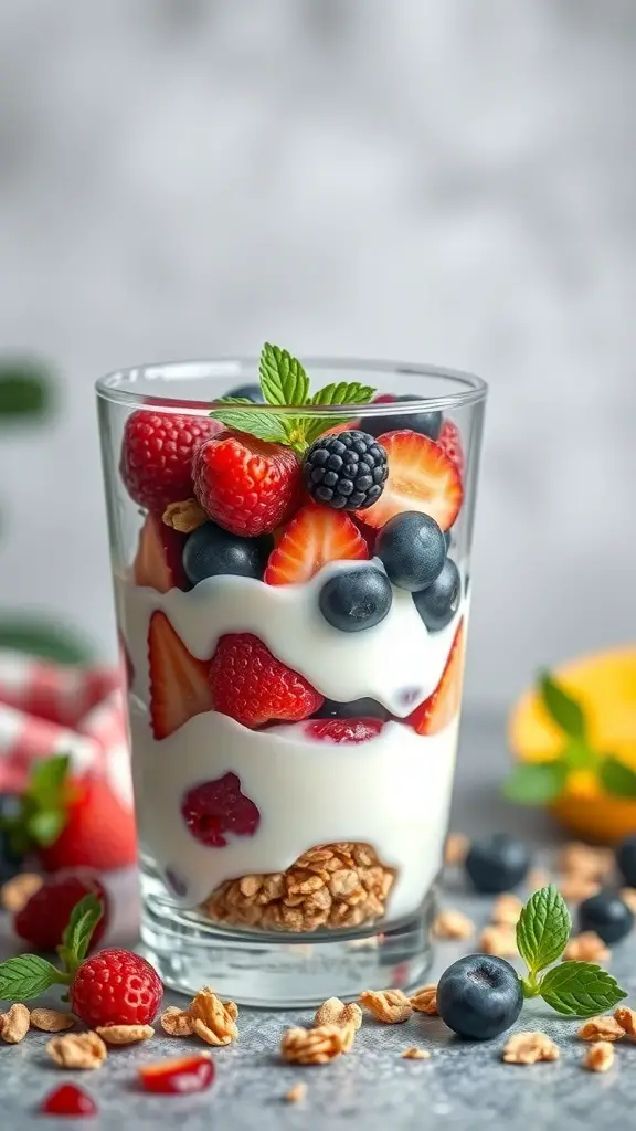 A delicious Greek yogurt parfait with layers of yogurt, fresh berries, and granola, garnished with mint.