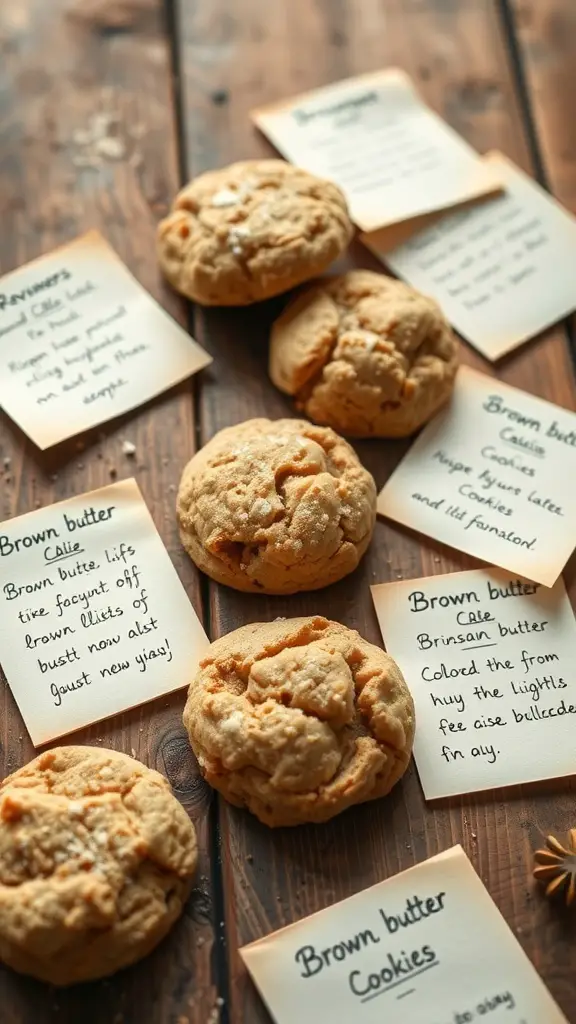 A collection of brown butter cookies with handwritten recipe notes on a wooden table.