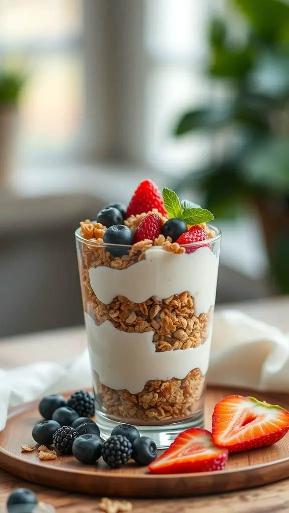 A layered Greek yogurt parfait with granola and fresh berries in a glass