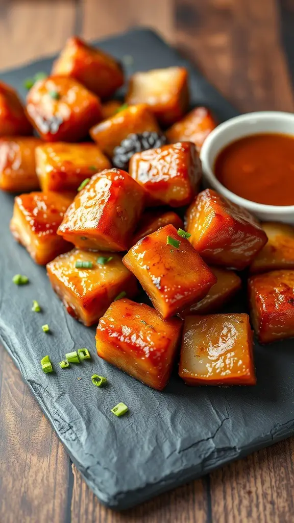A plate of roasted pork belly bites with a dipping sauce