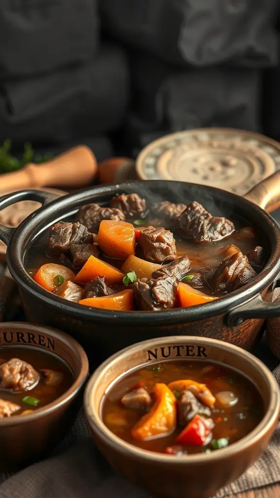 A pot of savory slow-cooked beef stew with chunks of beef and vegetables.