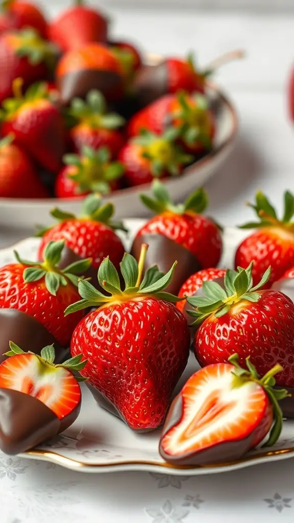 A plate of chocolate dipped strawberries, some whole and some cut in half, with a background of more strawberries.