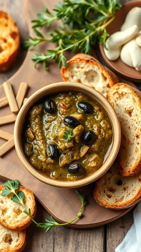 A bowl of olive tapenade with slices of toasted bread and fresh herbs on a wooden platter.