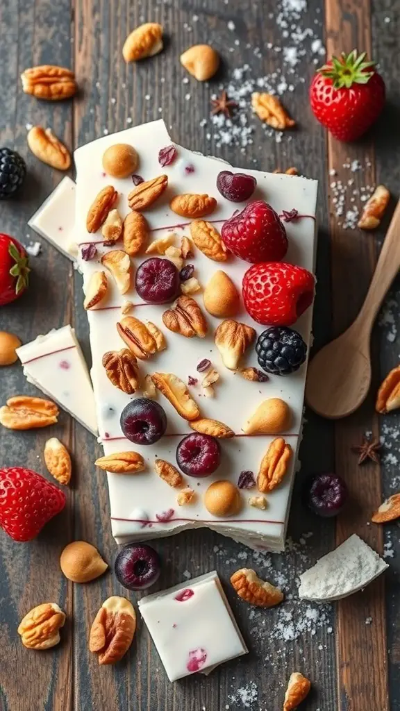 Frozen yogurt bark topped with nuts and berries on a wooden surface