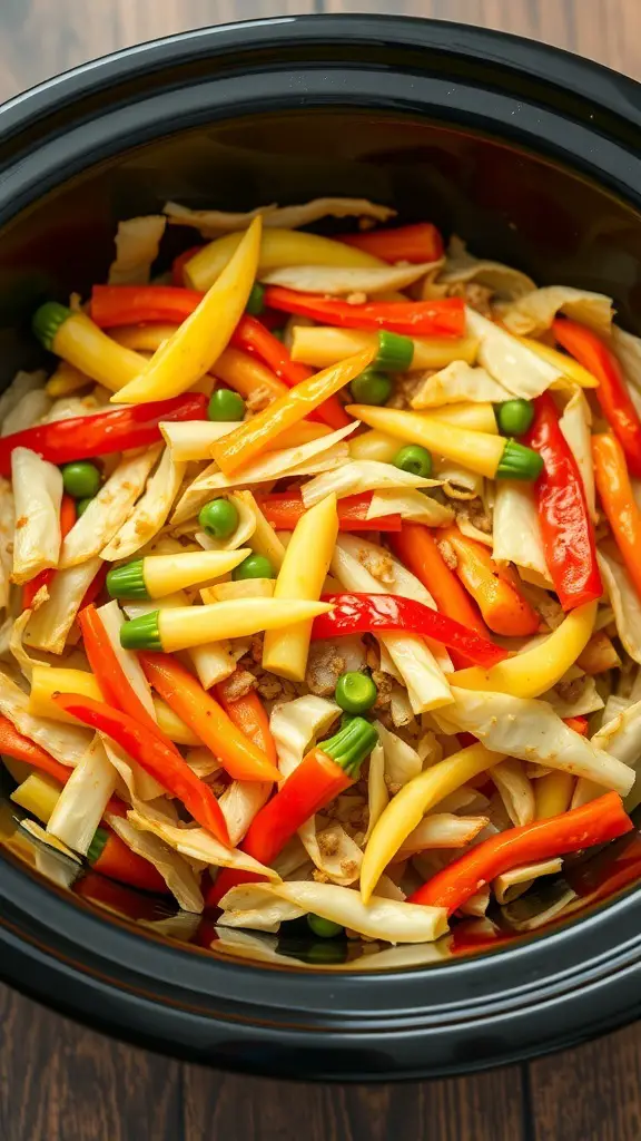 A colorful mix of cabbage, bell peppers, and peas in a crockpot, ready for honey garlic stir-fry.