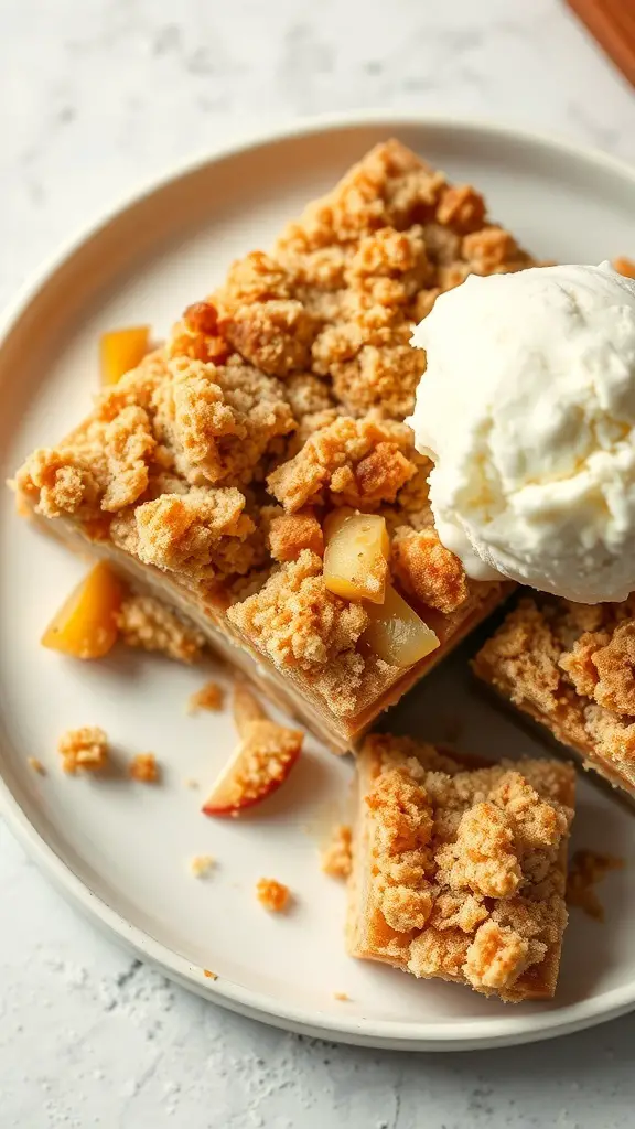 Apple Cinnamon Crumble Bars with ice cream on a plate