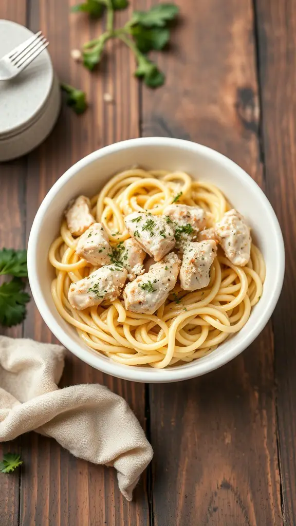 A bowl of Chicken Alfredo Zoodles with chicken pieces and zoodles on a wooden table.