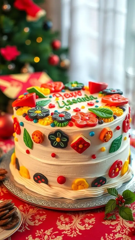A beautifully decorated Sicilian Cassata cake with colorful toppings and festive decorations.