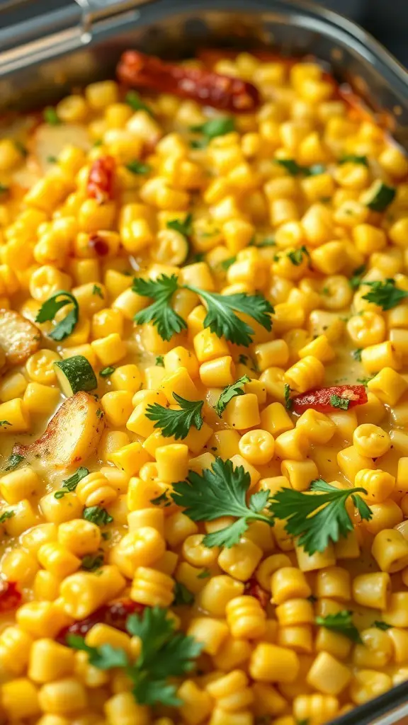 A close-up of a savory corn and zucchini casserole topped with fresh herbs.