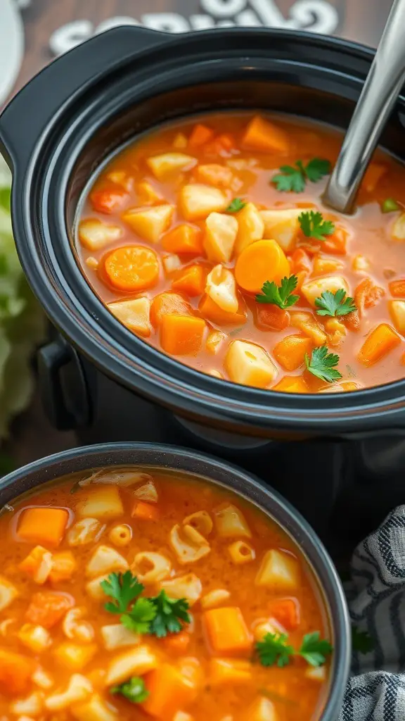 A close-up view of cabbage and carrot soup in a crockpot, showcasing vibrant colors and fresh ingredients.