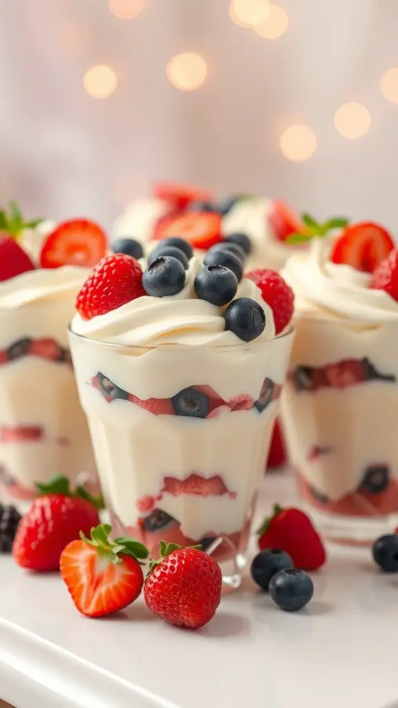 Classic Vanilla Pudding Parfaits with layers of vanilla pudding, strawberries, and blueberries