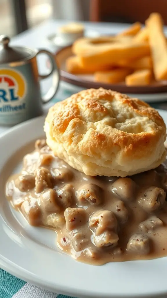 A plate of fluffy biscuit topped with creamy sausage gravy, served with a side of fries.