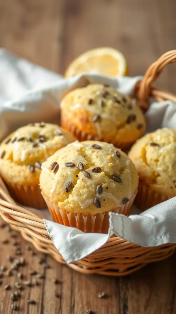A basket of lemon poppy seed muffins with a slice of lemon beside it.