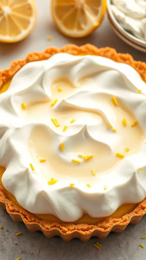 A close-up of a lemon meringue tart topped with fluffy meringue and lemon zest