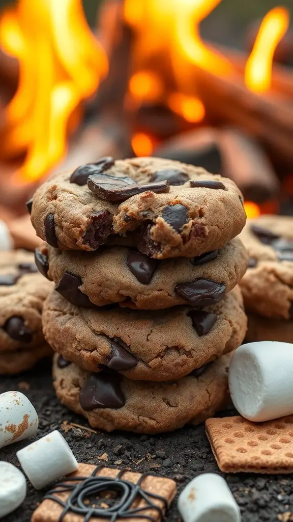 A stack of chocolate chunk cookies with marshmallows and graham crackers, set against a warm fire background.