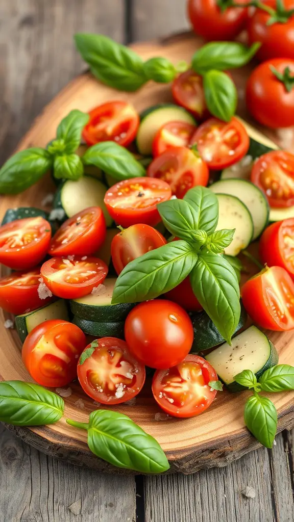 A colorful Zucchini and Tomato Salad with fresh basil on a wooden platter