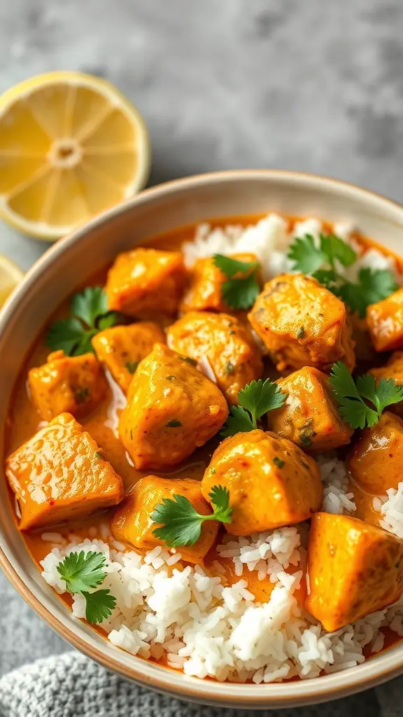 Bowl of coconut curry chicken with rice, garnished with cilantro and lemon slices
