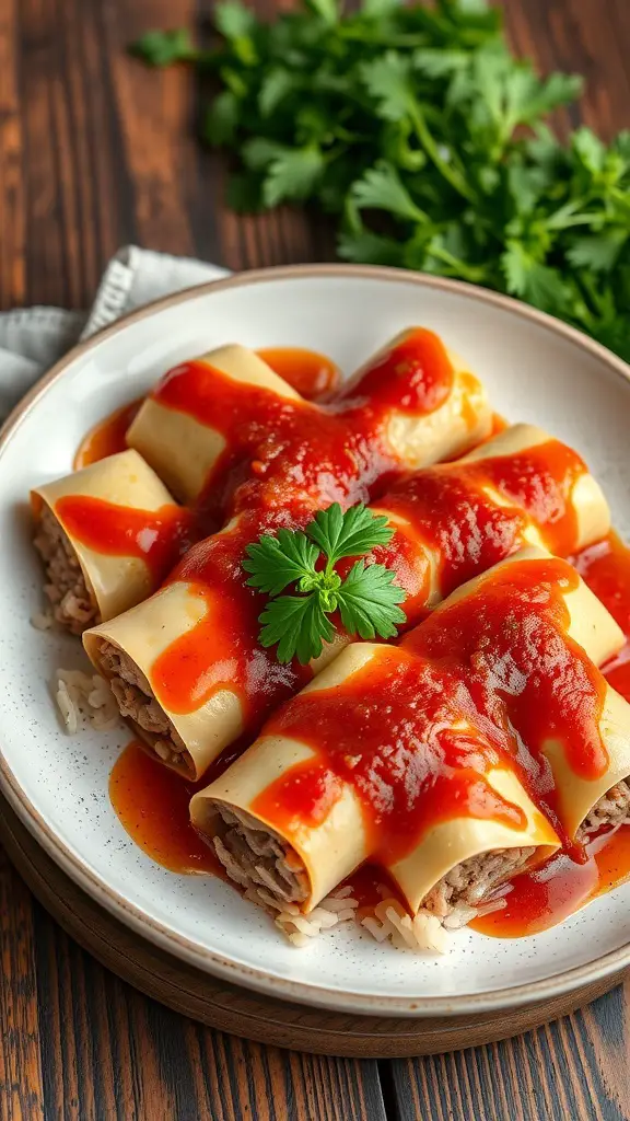 Plate of stuffed cabbage rolls with tomato sauce and parsley garnish
