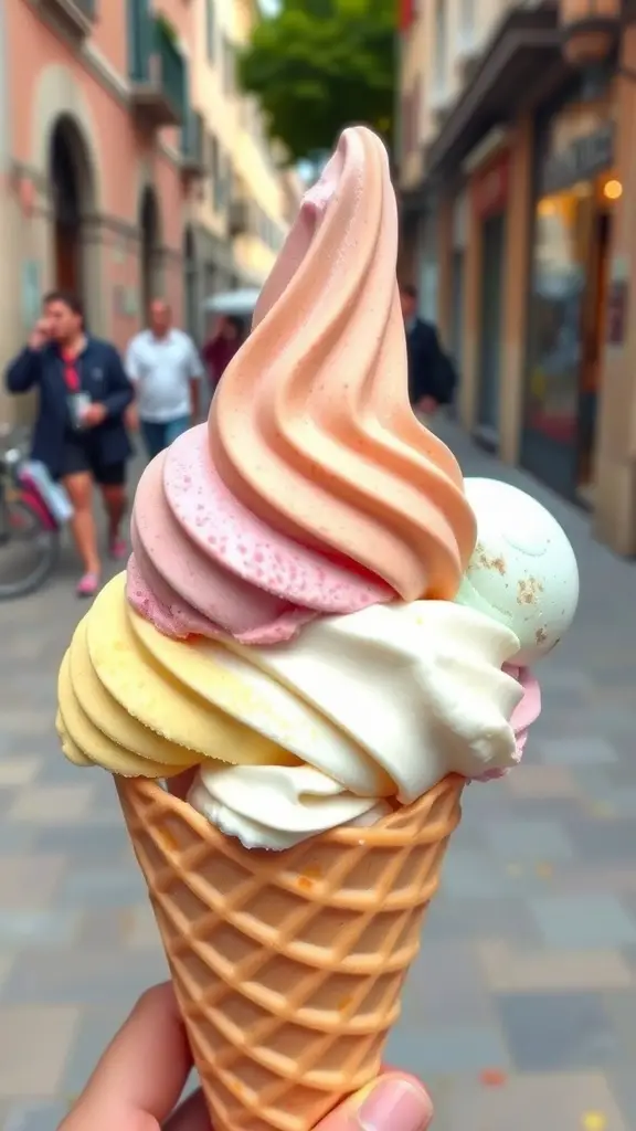 A colorful gelato cone with multiple flavors, set against a lively street scene.