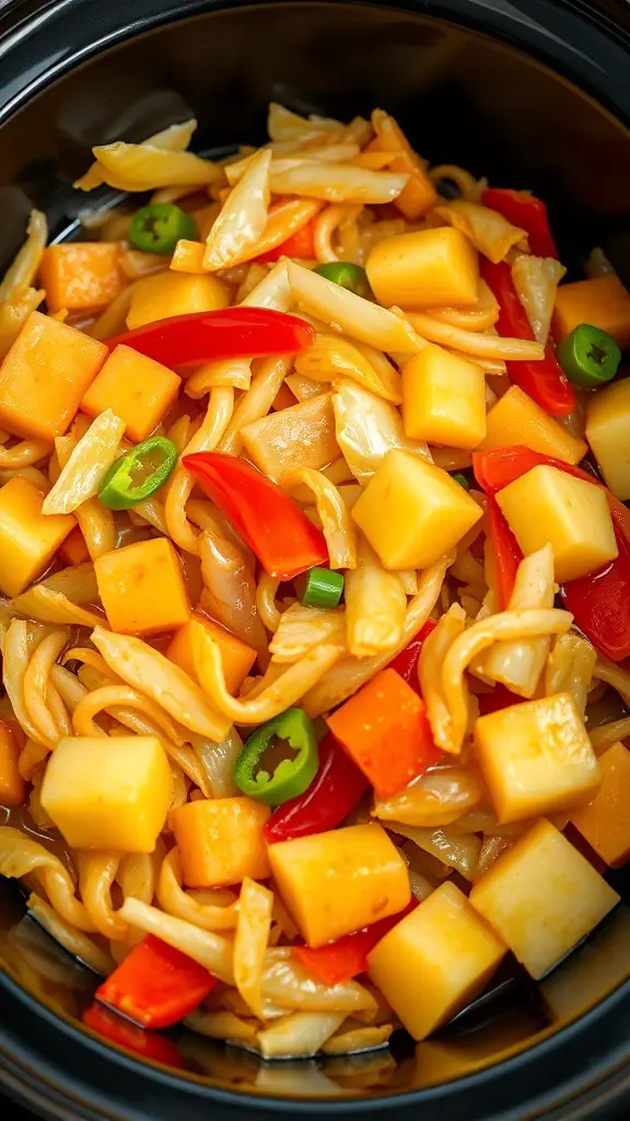 A colorful crockpot dish featuring sweet and sour cabbage with peppers and cheese.