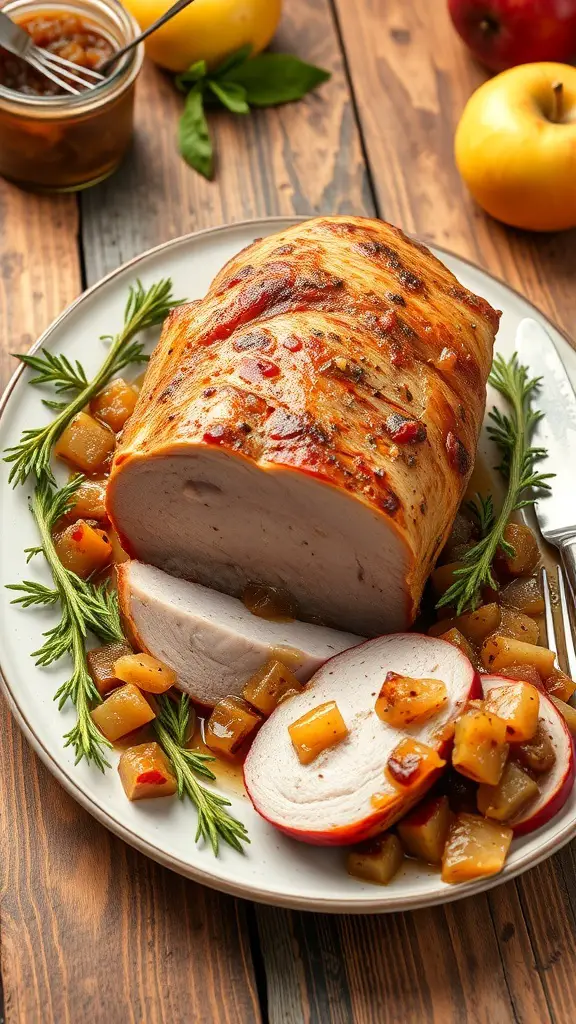 Roasted pork loin served with apple chutney and garnished with herbs