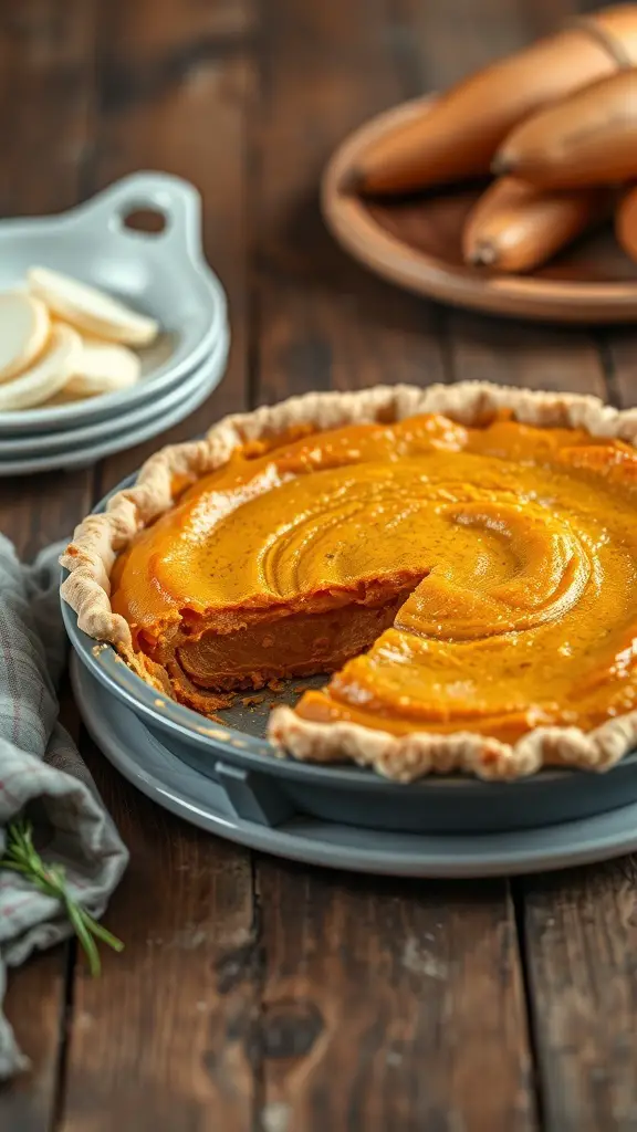 A classic sweet potato pie with a slice taken out, showcasing its creamy filling and golden crust.